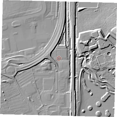 Shaded relief map of the ground around RH60PB, computed from Environment Agency LiDAR. The ground here sits at about 60 m above sea level and falls 11 m across the surrounding 800 m. Surface water reaching this point runs off ground lying to the north-west, 3.0 m higher.