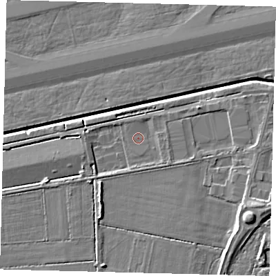 Shaded relief map of the ground around RH60PE, computed from Environment Agency LiDAR. The ground here sits at about 59 m above sea level and falls 8 m across the surrounding 800 m. Surface water reaching this point runs off ground lying to the south-west, 1.4 m higher.