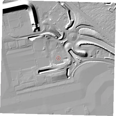 Shaded relief map of the ground around RH60PH, computed from Environment Agency LiDAR. The ground here sits at about 56 m above sea level and falls 18 m across the surrounding 800 m. Surface water reaching this point runs off ground lying to the north-north-west, 9.0 m higher.