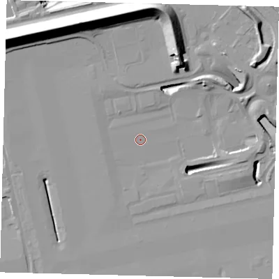 Shaded relief map of the ground around RH60PJ, computed from Environment Agency LiDAR. The ground here sits at about 57 m above sea level and falls 20 m across the surrounding 800 m. Surface water reaching this point runs off ground lying to the south-west, 1.9 m higher.