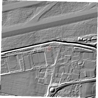 Shaded relief map of the ground around RH60PQ, computed from Environment Agency LiDAR. The ground here sits at about 60 m above sea level and falls 8 m across the surrounding 800 m. Surface water reaching this point runs off ground lying to the south-south-east, 1.4 m higher.