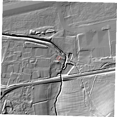 Shaded relief map of the ground around RH60RN, computed from Environment Agency LiDAR. The ground here sits at about 59 m above sea level and falls 18 m across the surrounding 800 m. Surface water reaching this point runs off ground lying to the west-south-west, 3.9 m higher.