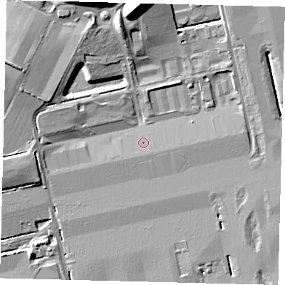 Shaded relief map of the ground around RH60SQ, computed from Environment Agency LiDAR. The ground here sits at about 57 m above sea level and falls 16 m across the surrounding 800 m. Surface water reaching this point runs off ground lying to the west-south-west, 4.3 m higher.