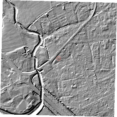 Shaded relief map of the ground around RH67EE, computed from Environment Agency LiDAR. The ground here sits at about 56 m above sea level and falls 7 m across the surrounding 800 m. Surface water reaching this point runs off ground lying to the south-east, 2.3 m higher.