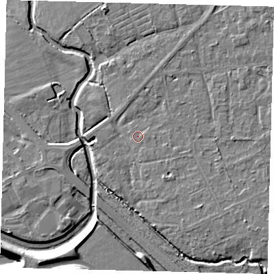 Shaded relief map of the ground around RH67EF, computed from Environment Agency LiDAR. The ground here sits at about 56 m above sea level and falls 11 m across the surrounding 800 m. Surface water reaching this point runs off ground lying to the south-east, 2.2 m higher.