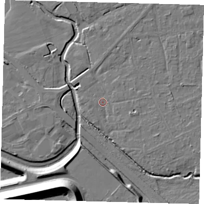 Shaded relief map of the ground around RH67EG, computed from Environment Agency LiDAR. The ground here sits at about 56 m above sea level and falls 20 m across the surrounding 800 m. Surface water reaching this point runs off ground lying to the east-south-east, 2.2 m higher.