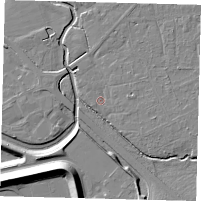 Shaded relief map of the ground around RH67EH, computed from Environment Agency LiDAR. The ground here sits at about 56 m above sea level and falls 20 m across the surrounding 800 m. Surface water reaching this point runs off ground lying to the east, 2.0 m higher.