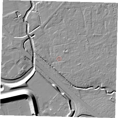 Shaded relief map of the ground around RH67EQ, computed from Environment Agency LiDAR. The ground here sits at about 56 m above sea level and falls 20 m across the surrounding 800 m. Surface water reaching this point runs off ground lying to the east-south-east, 1.1 m higher.