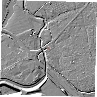 Shaded relief map of the ground around RH67ER, computed from Environment Agency LiDAR. The ground here sits at about 56 m above sea level and falls 14 m across the surrounding 800 m. Surface water reaching this point runs off ground lying to the south-west, 3.7 m higher.