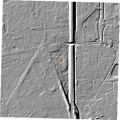Shaded relief map of the ground around RH67JD, computed from Environment Agency LiDAR. The ground here sits at about 54 m above sea level and falls 10 m across the surrounding 800 m. Surface water reaching this point runs off ground lying to the south, 9.0 m higher.