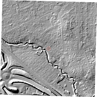 Shaded relief map of the ground around RH67LN, computed from Environment Agency LiDAR. The ground here sits at about 56 m above sea level and falls 12 m across the surrounding 800 m. Surface water reaching this point runs off ground lying to the north-east, 4.7 m higher.