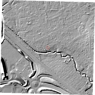 Shaded relief map of the ground around RH67LP, computed from Environment Agency LiDAR. The ground here sits at about 56 m above sea level and falls 17 m across the surrounding 800 m. Surface water reaching this point runs off ground lying to the north-east, 1.1 m higher.