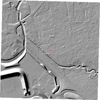 Shaded relief map of the ground around RH67LS, computed from Environment Agency LiDAR. The ground here sits at about 56 m above sea level and falls 18 m across the surrounding 800 m. Surface water reaching this point runs off ground lying to the east-north-east, 1.4 m higher.