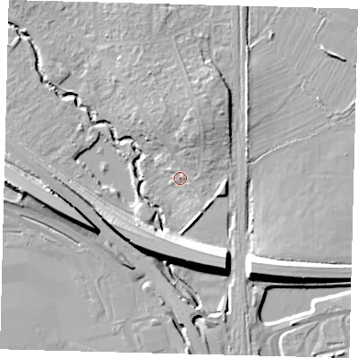 Shaded relief map of the ground around RH67NU, computed from Environment Agency LiDAR. The ground here sits at about 58 m above sea level and falls 13 m across the surrounding 800 m. Surface water reaching this point runs off ground lying to the north-north-east, 5.4 m higher.