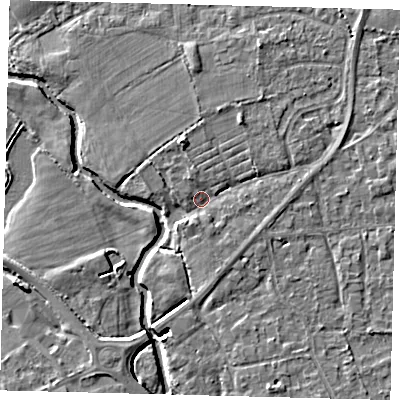 Shaded relief map of the ground around RH68AD, computed from Environment Agency LiDAR. The ground here sits at about 56 m above sea level and falls 6 m across the surrounding 800 m. Surface water reaching this point runs off ground lying to the north-north-west, 2.5 m higher.