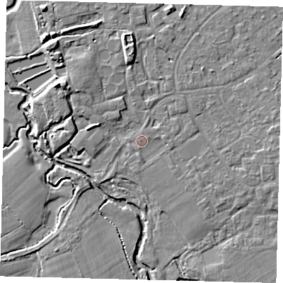 Shaded relief map of the ground around RH68HD, computed from Environment Agency LiDAR. The ground here sits at about 55 m above sea level and falls 8 m across the surrounding 800 m. Surface water reaching this point runs off ground lying to the south-east, 1.3 m higher.