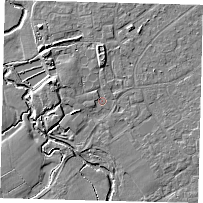 Shaded relief map of the ground around RH68HE, computed from Environment Agency LiDAR. The ground here sits at about 55 m above sea level and falls 8 m across the surrounding 800 m. Surface water reaching this point runs off ground lying to the north, 3.5 m higher.