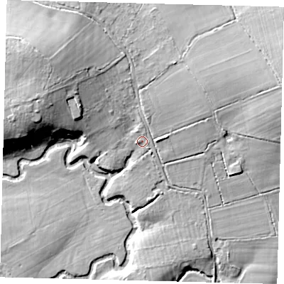 Shaded relief map of the ground around RH68JA, computed from Environment Agency LiDAR. The ground here sits at about 56 m above sea level and falls 17 m across the surrounding 800 m. Surface water reaching this point runs off ground lying to the north, 2.9 m higher.