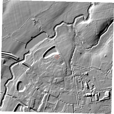 Shaded relief map of the ground around RH68LL, computed from Environment Agency LiDAR. The ground here sits at about 54 m above sea level and falls 8 m across the surrounding 800 m. Surface water reaching this point runs off ground lying to the east-south-east, 3.5 m higher.