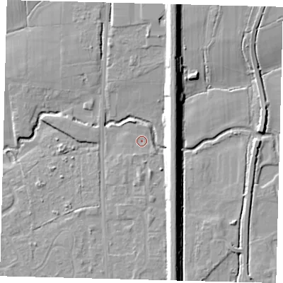 Shaded relief map of the ground around RH68LU, computed from Environment Agency LiDAR. The ground here sits at about 54 m above sea level and falls 11 m across the surrounding 800 m. Surface water reaching this point runs off ground lying to the south-south-west, 1.4 m higher.