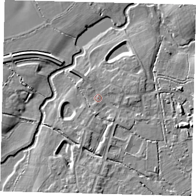Shaded relief map of the ground around RH68NT, computed from Environment Agency LiDAR. The ground here sits at about 54 m above sea level and falls 8 m across the surrounding 800 m. Surface water reaching this point runs off ground lying to the east-north-east, 1.9 m higher.
