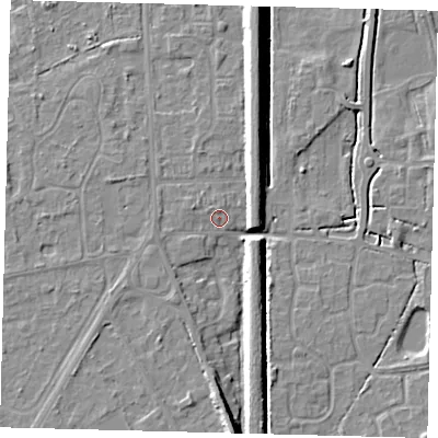 Shaded relief map of the ground around RH68PB, computed from Environment Agency LiDAR. The ground here sits at about 55 m above sea level and falls 9 m across the surrounding 800 m. Surface water reaching this point runs off ground lying to the south, 3.6 m higher.