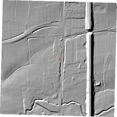 Shaded relief map of the ground around RH68PP, computed from Environment Agency LiDAR. The ground here sits at about 55 m above sea level and falls 13 m across the surrounding 800 m. Surface water reaching this point runs off ground lying to the north, 2.1 m higher.