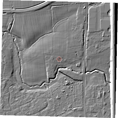 Shaded relief map of the ground around RH68PR, computed from Environment Agency LiDAR. The ground here sits at about 54 m above sea level and falls 12 m across the surrounding 800 m. Surface water reaching this point runs off ground lying to the north-west, 1.4 m higher.