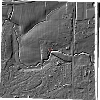 Shaded relief map of the ground around RH68PS, computed from Environment Agency LiDAR. The ground here sits at about 53 m above sea level and falls 12 m across the surrounding 800 m. Surface water reaching this point runs off ground lying to the north-east, 11.1 m higher.