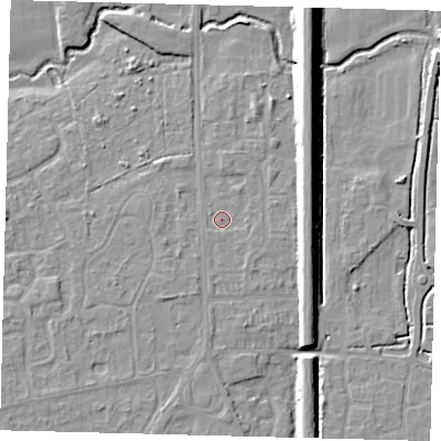 Shaded relief map of the ground around RH68QG, computed from Environment Agency LiDAR. The ground here sits at about 55 m above sea level and falls 10 m across the surrounding 800 m. Surface water reaching this point runs off ground lying to the south-west, 0.8 m higher.