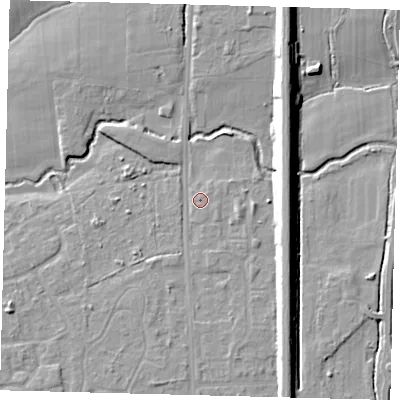 Shaded relief map of the ground around RH68QQ, computed from Environment Agency LiDAR. The ground here sits at about 54 m above sea level and falls 11 m across the surrounding 800 m. Surface water reaching this point runs off ground lying to the south, 2.2 m higher.