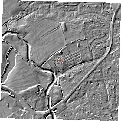 Shaded relief map of the ground around RH68SG, computed from Environment Agency LiDAR. The ground here sits at about 56 m above sea level and falls 6 m across the surrounding 800 m. Surface water reaching this point runs off ground lying to the south-east, 0.8 m higher.