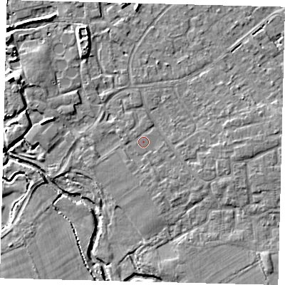 Shaded relief map of the ground around RH68SP, computed from Environment Agency LiDAR. The ground here sits at about 55 m above sea level and falls 7 m across the surrounding 800 m. The ground contributing surface water to this point lies to the north-west.