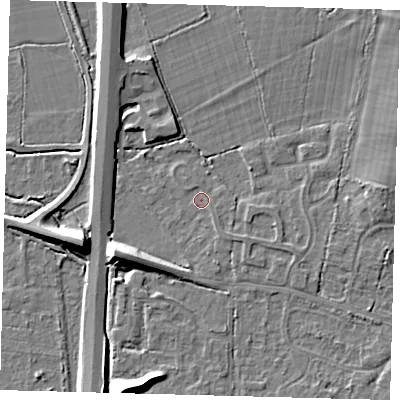 Shaded relief map of the ground around RH69AR, computed from Environment Agency LiDAR. The ground here sits at about 57 m above sea level and falls 9 m across the surrounding 800 m. Surface water reaching this point runs off ground lying to the west-south-west, 8.2 m higher.