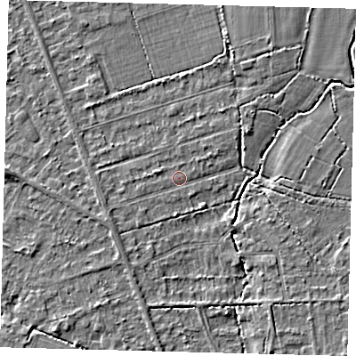 Shaded relief map of the ground around RH69BY, computed from Environment Agency LiDAR. The ground here sits at about 57 m above sea level and falls 3 m across the surrounding 800 m. Surface water reaching this point runs off ground lying to the west-south-west, 0.6 m higher.
