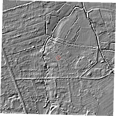 Shaded relief map of the ground around RH69DD, computed from Environment Agency LiDAR. The ground here sits at about 58 m above sea level and falls 5 m across the surrounding 800 m. Surface water reaching this point runs off ground lying to the south, 0.6 m higher.