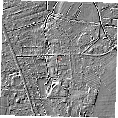 Shaded relief map of the ground around RH69DU, computed from Environment Agency LiDAR. The ground here sits at about 58 m above sea level and falls 5 m across the surrounding 800 m. Surface water reaching this point runs off ground lying to the west, 1.0 m higher.
