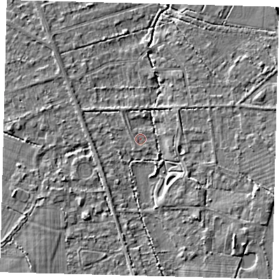 Shaded relief map of the ground around RH69DZ, computed from Environment Agency LiDAR. The ground here sits at about 57 m above sea level and falls 5 m across the surrounding 800 m. Surface water reaching this point runs off ground lying to the west-south-west, 1.4 m higher.
