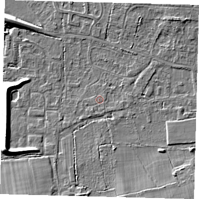 Shaded relief map of the ground around RH69EN, computed from Environment Agency LiDAR. The ground here sits at about 57 m above sea level and falls 10 m across the surrounding 800 m. Surface water reaching this point runs off ground lying to the south-south-east, 0.7 m higher.
