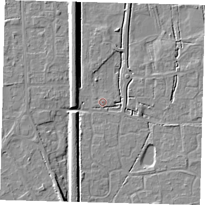 Shaded relief map of the ground around RH69FL, computed from Environment Agency LiDAR. The ground here sits at about 55 m above sea level and falls 9 m across the surrounding 800 m. Surface water reaching this point runs off ground lying to the south, 2.2 m higher.