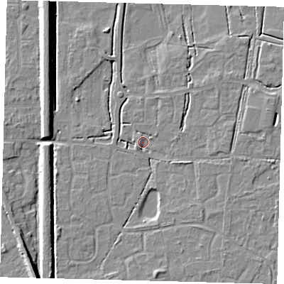 Shaded relief map of the ground around RH69FN, computed from Environment Agency LiDAR. The ground here sits at about 55 m above sea level and falls 9 m across the surrounding 800 m. Surface water reaching this point runs off ground lying to the west, 1.9 m higher.