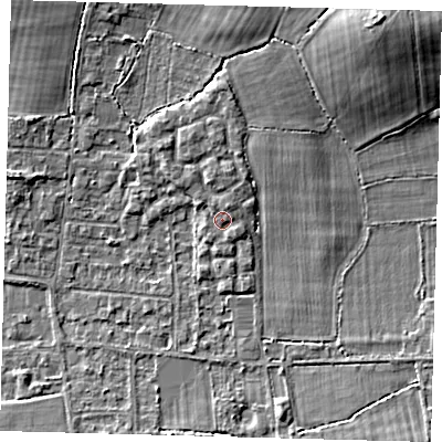 Shaded relief map of the ground around RH69GH, computed from Environment Agency LiDAR. The ground here sits at about 59 m above sea level and falls 9 m across the surrounding 800 m. Surface water reaching this point runs off ground lying to the north-north-east, 1.0 m higher.