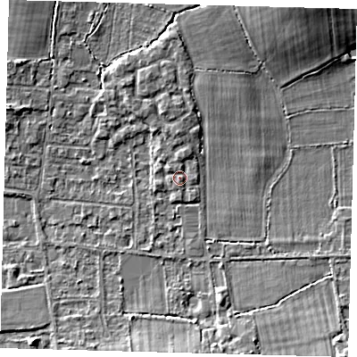Shaded relief map of the ground around RH69GP, computed from Environment Agency LiDAR. The ground here sits at about 59 m above sea level and falls 7 m across the surrounding 800 m. Surface water reaching this point runs off ground lying to the north-north-east, 0.9 m higher.