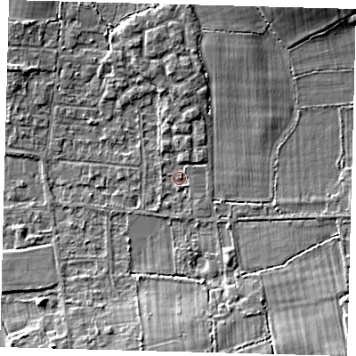 Shaded relief map of the ground around RH69GZ, computed from Environment Agency LiDAR. The ground here sits at about 58 m above sea level and falls 6 m across the surrounding 800 m. Surface water reaching this point runs off ground lying to the south-east, 4.8 m higher.
