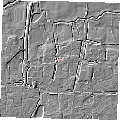 Shaded relief map of the ground around RH69HN, computed from Environment Agency LiDAR. The ground here sits at about 55 m above sea level and falls 5 m across the surrounding 800 m. Surface water reaching this point runs off ground lying to the east-north-east, 1.9 m higher.