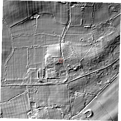 Shaded relief map of the ground around RH69JD, computed from Environment Agency LiDAR. The ground here sits at about 61 m above sea level and falls 8 m across the surrounding 800 m. Surface water reaching this point runs off ground lying to the west, 0.6 m higher.
