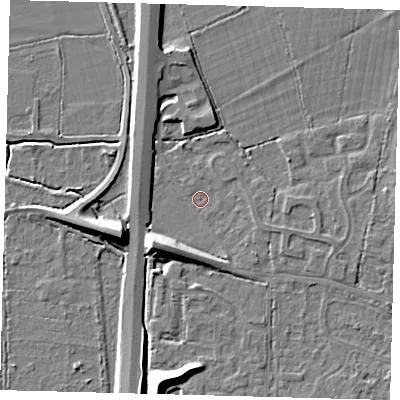 Shaded relief map of the ground around RH69JE, computed from Environment Agency LiDAR. The ground here sits at about 56 m above sea level and falls 10 m across the surrounding 800 m. Surface water reaching this point runs off ground lying to the south-west, 7.1 m higher.
