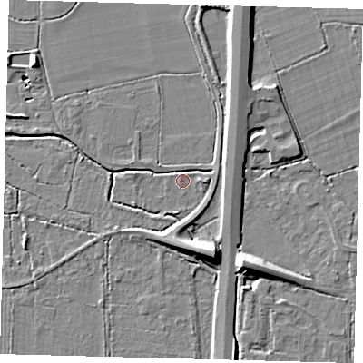 Shaded relief map of the ground around RH69JF, computed from Environment Agency LiDAR. The ground here sits at about 56 m above sea level and falls 11 m across the surrounding 800 m. Surface water reaching this point runs off ground lying to the east, 1.6 m higher.