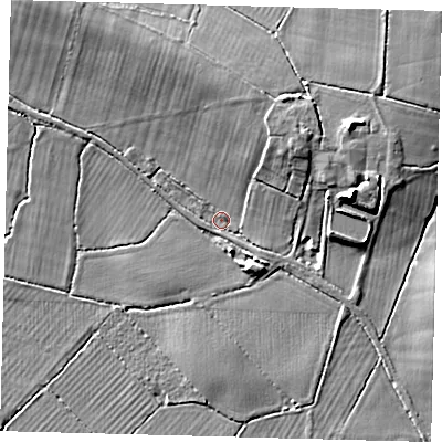 Shaded relief map of the ground around RH69JG, computed from Environment Agency LiDAR. The ground here sits at about 57 m above sea level and falls 15 m across the surrounding 800 m. Surface water reaching this point runs off ground lying to the north-east, 8.6 m higher.