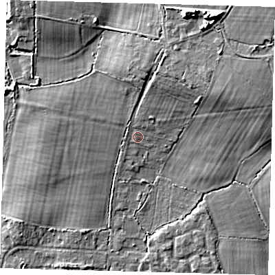 Shaded relief map of the ground around RH69JH, computed from Environment Agency LiDAR. The ground here sits at about 61 m above sea level and falls 16 m across the surrounding 800 m. Surface water reaching this point runs off ground lying to the north-north-east, 12.5 m higher.